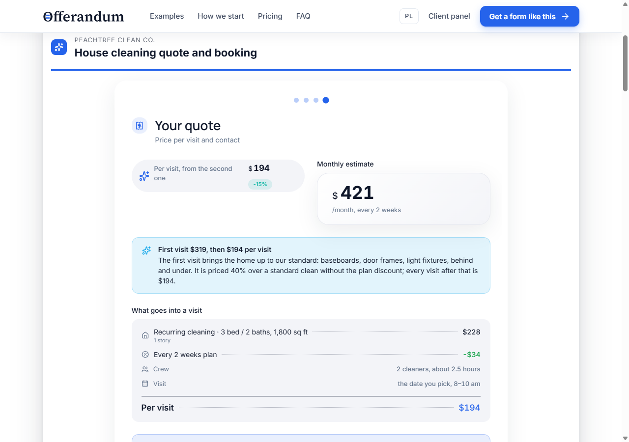 Cleaning calculator quote summary showing the recurring price and first-visit estimate