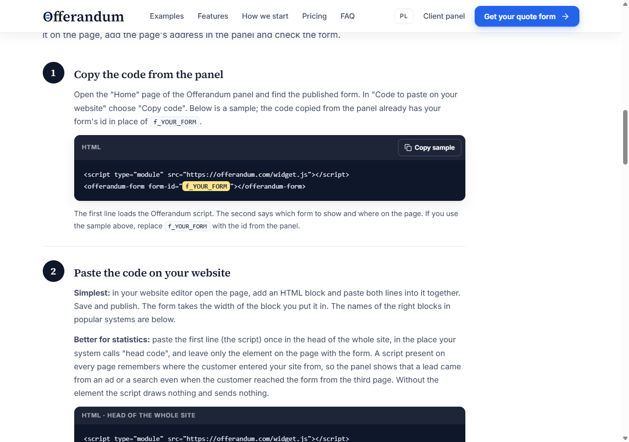 The loading script and calculator element in the Offerandum installation guide