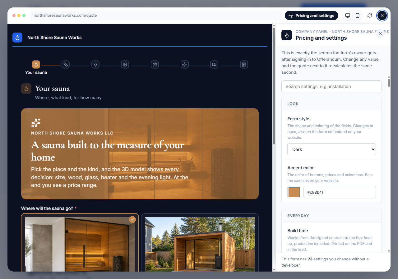 Pricing and settings panel beside a demonstration sauna quote calculator