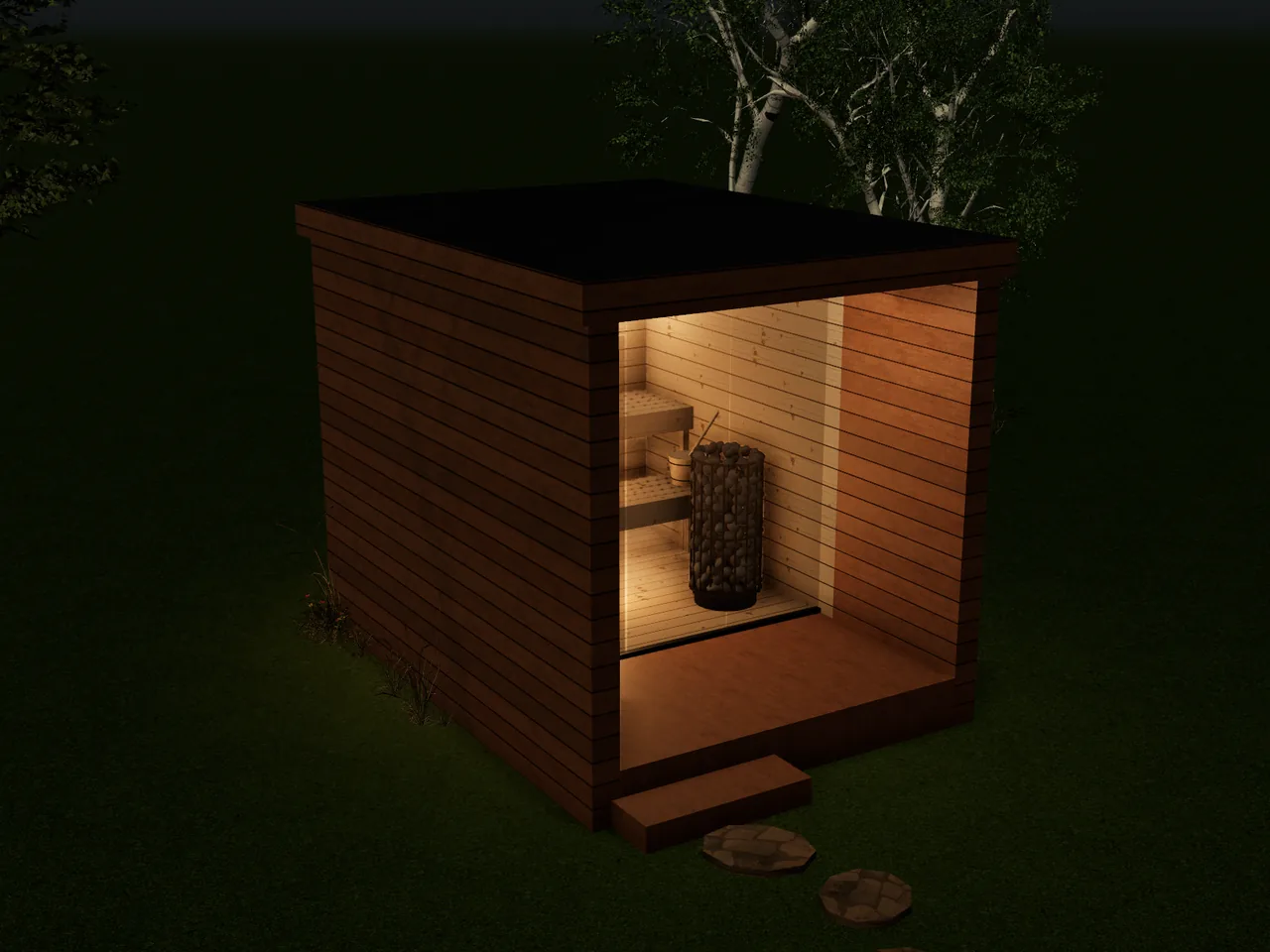 Sauna ogrodowa wieczorem w konfiguratorze 3D z podpowiedzią, która proponuje dodanie oświetlenia