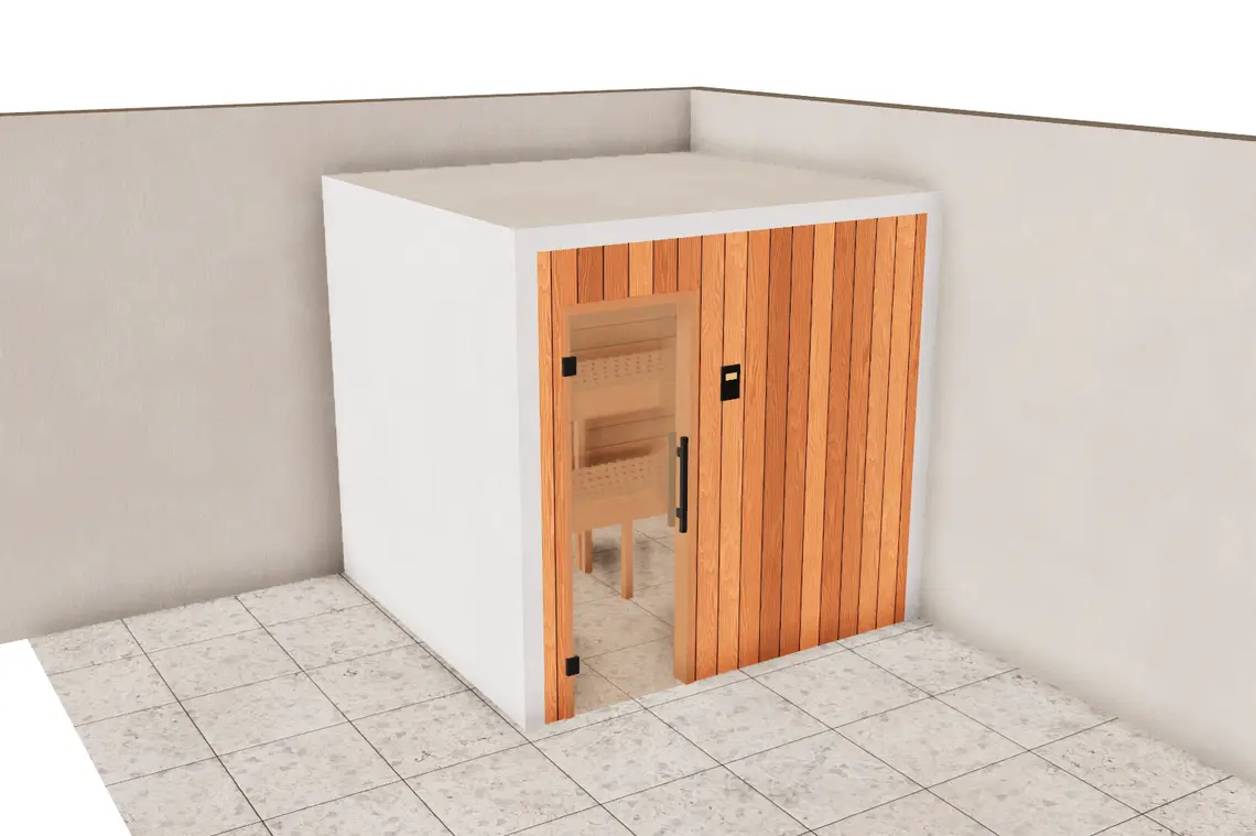 Custom sauna with a wood front and a glass door in the 3D configurator