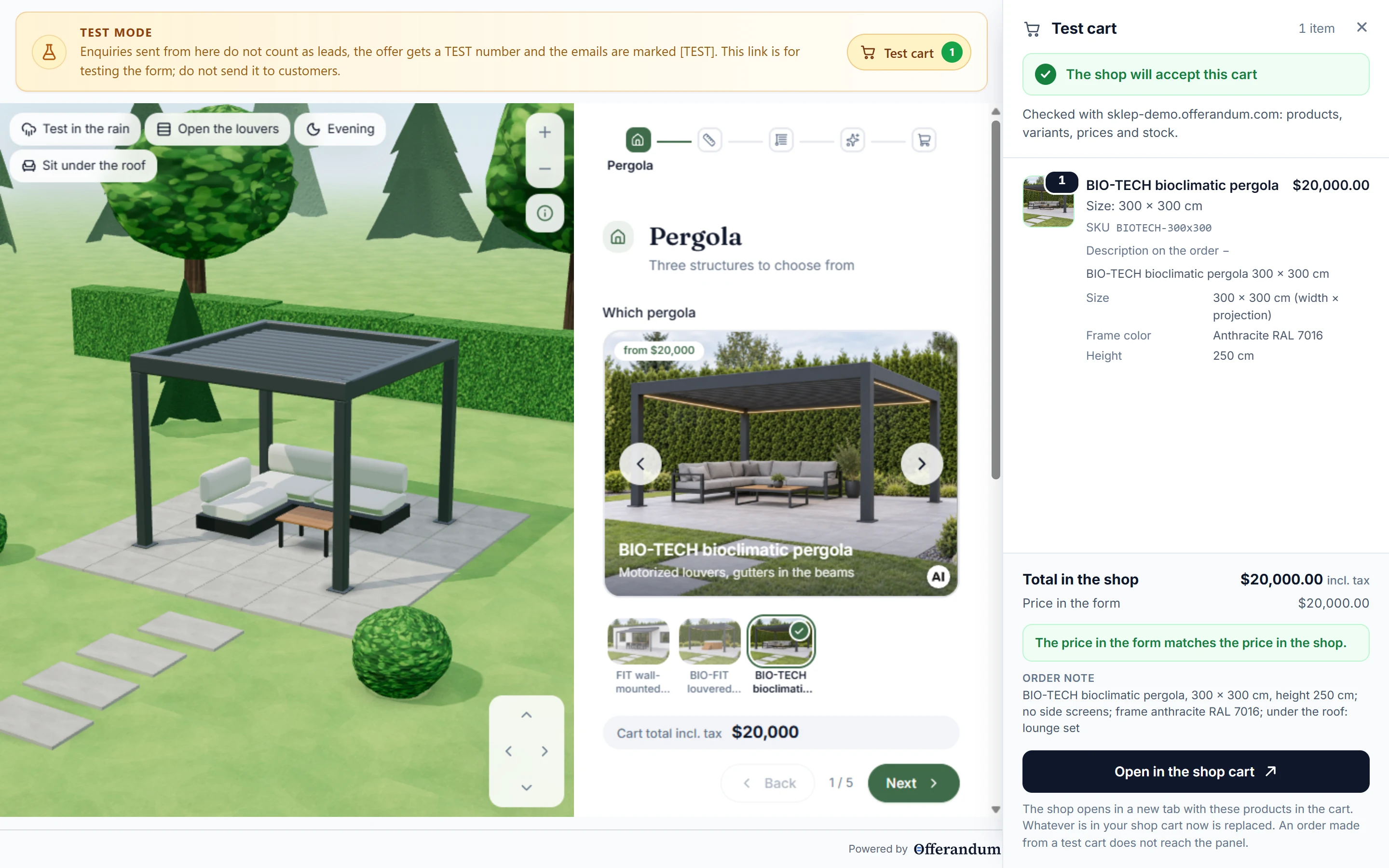 Test link of a pergola configurator: the configurator on the left, the test cart with a product checked in the store on the right