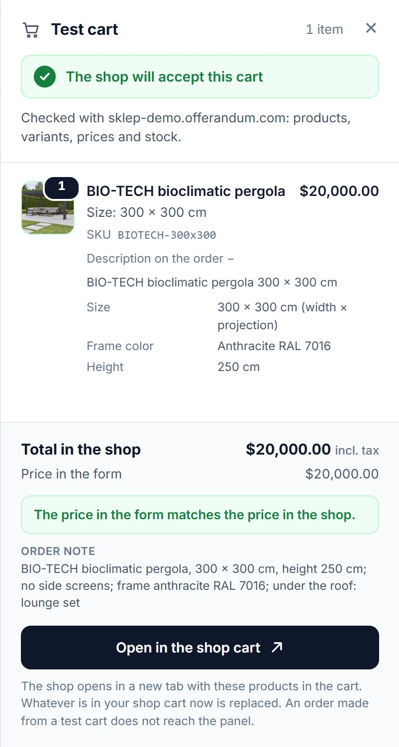 Test cart: the store accepts the cart, the product with its photo, SKU, and price, the store total matching the configurator’s price