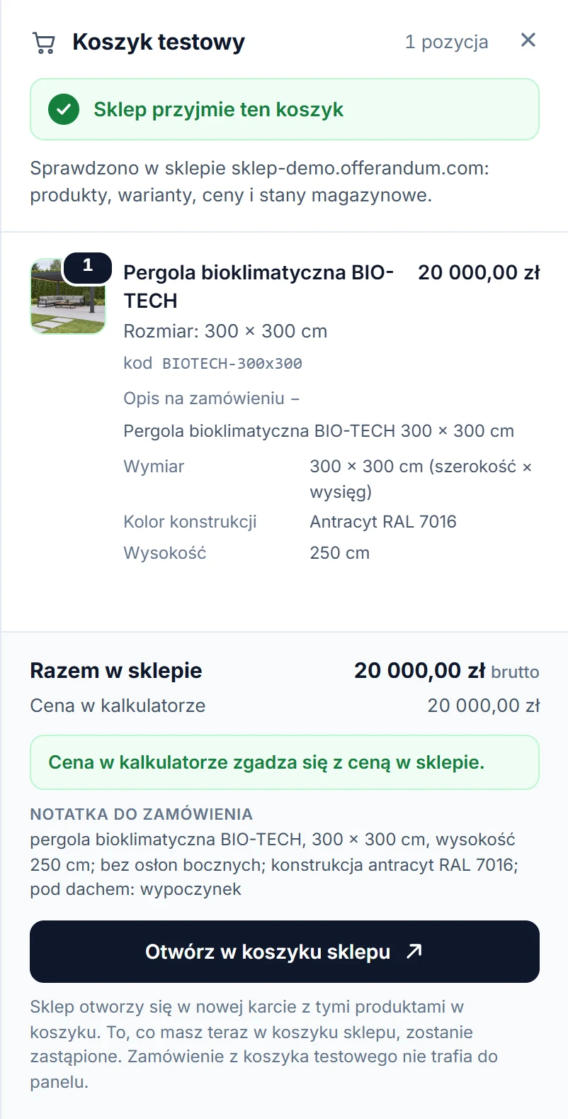 Koszyk testowy: sklep przyjmie koszyk, produkt ze zdjęciem, kodem i ceną, suma ze sklepu zgodna z ceną w konfiguratorze